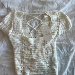 Crochet Lace-Up Top in Cream